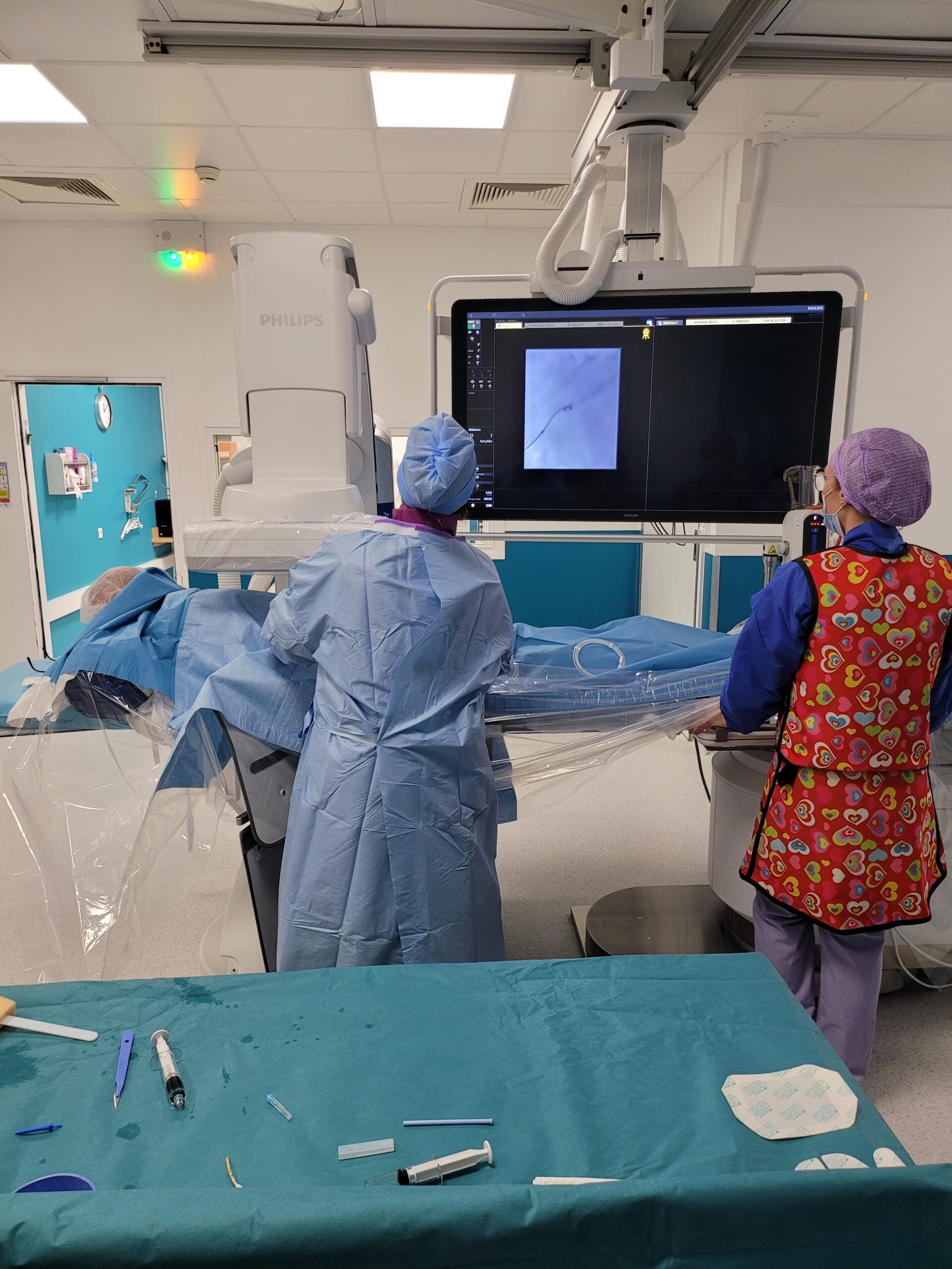Changement sonde néphrostomie ou mono J, positionnement du patient et de l'arceau.